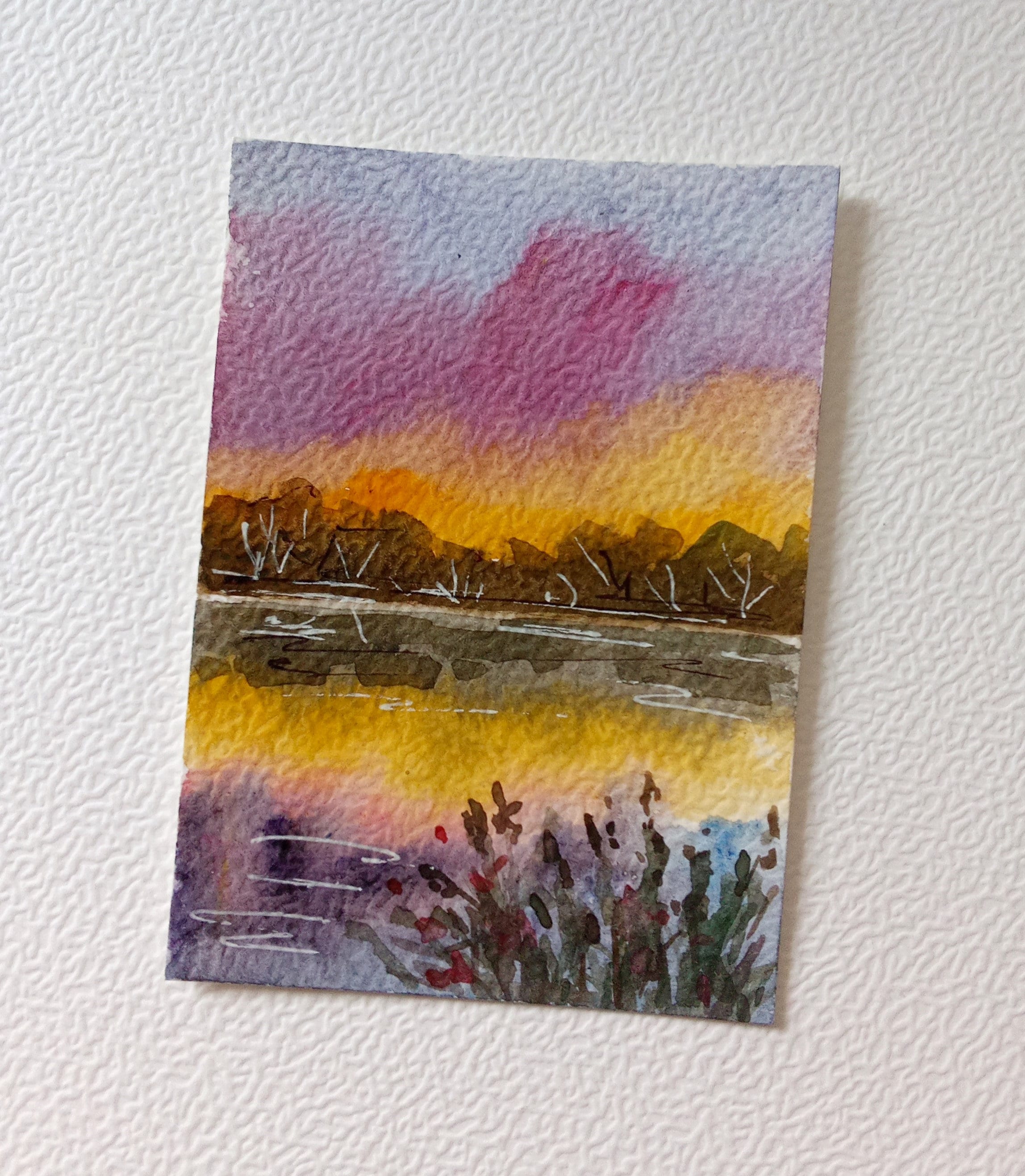 ACEO ORIGINAL ART Watercolor Landscape Sunset River Forest Small