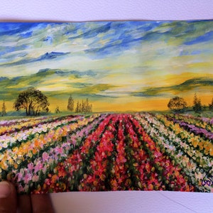 Dipinto acrilico Campo di tulipani. Paesaggio olandese. Dipinto originale con colori acrilici su carta acrilica e olio testurizzata.
