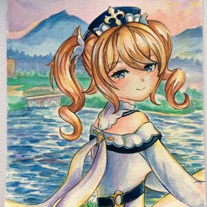 Pintura de estilo anime en acuarela de Barbara del juego de rol Genshin Impact