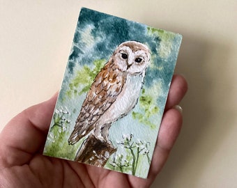 ACEO ORIGINAL Owl in the forest small watercolor painting