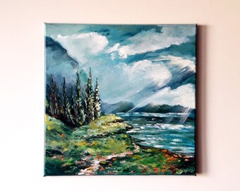 秋の風景油絵 - 湖の風景、12x12インチのキャンバスに描かれた自然の