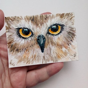 Búho ACEO ORIGINAL Retrato de un búho pequeña pintura de acuarela ATS art Ojos de búho Arte en miniatura / Tarjeta de arte coleccionable