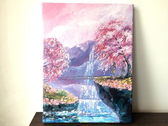 Original Oil Painting: Japanese Cherry Blossom Waterfall