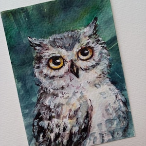 ACEO Acquerello – Gufo dalle orecchie lunghe grigio, Arte della fauna selvatica in miniatura / Arte in miniatura / Carta d'arte da collezione