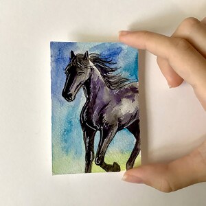 Running Black Horse aquarel ACEO originele kunst
