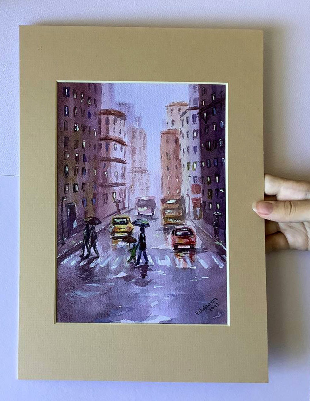 Rain Urban Landscape. Watercolor Painting in Passepartout - Etsy