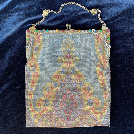 STUNNING 1920’s beaded purse, gemstone & gold det… - image 2