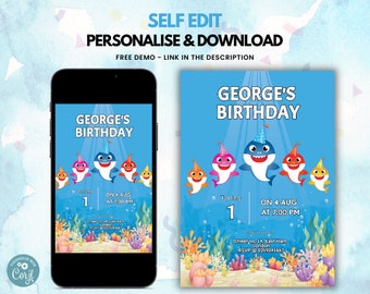 Invitación de cumpleaños de bebé con personaje de tiburón bebé / Invitación de teléfono digital / Invitación descargable editable / Invitación a la fiesta de los niños