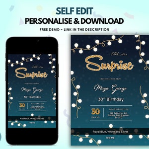 Invitación sorpresa de cumpleaños con diseño elegante / Invitación de teléfono digital / Invitación descargable editable / Invitación a fiesta sorpresa