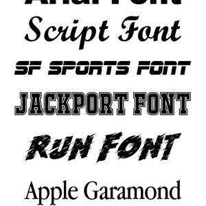 May include: A graphic showing different font styles, including Arial Font, Script Font, SF Sports Font, Jackpot Font, Run Font, and Apple Garamond Font.