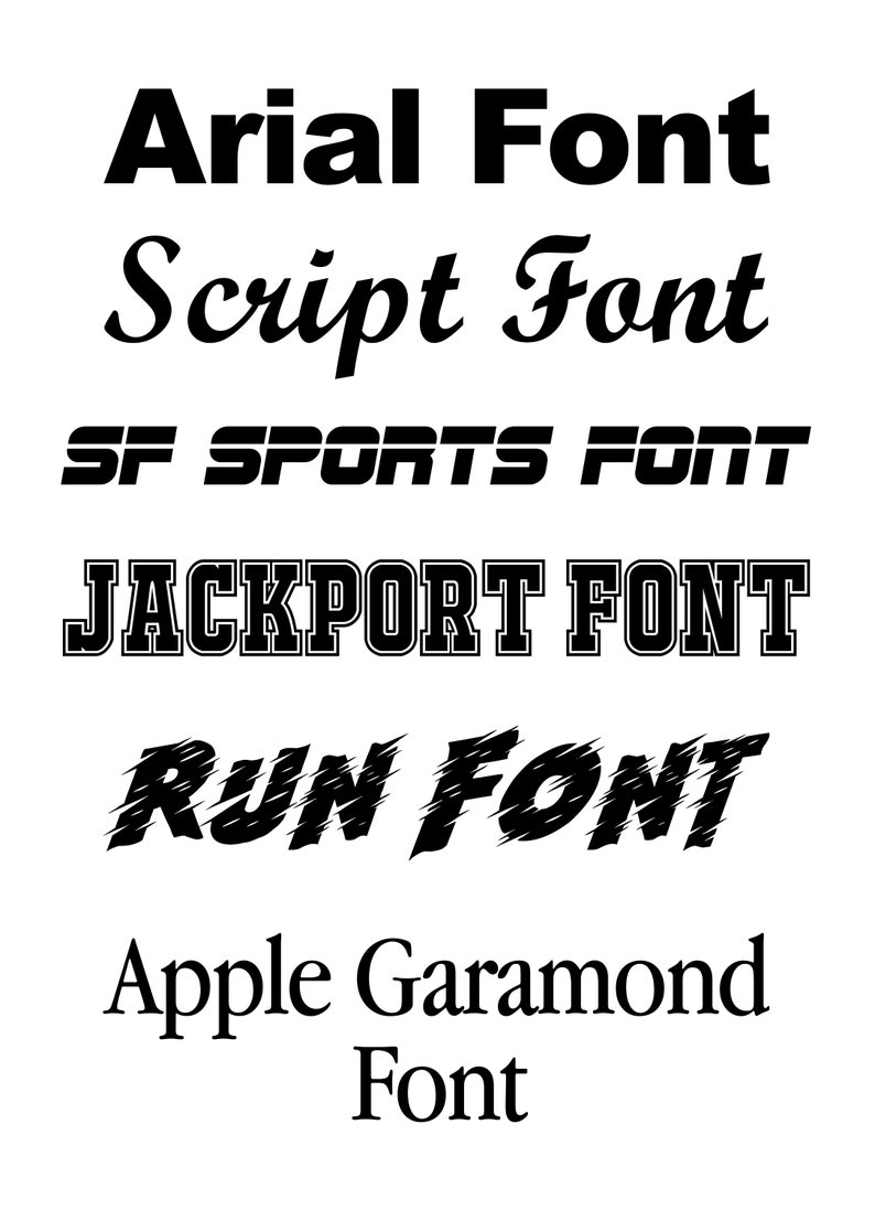 May include: A graphic showing different font styles, including Arial Font, Script Font, SF Sports Font, Jackpot Font, Run Font, and Apple Garamond Font.