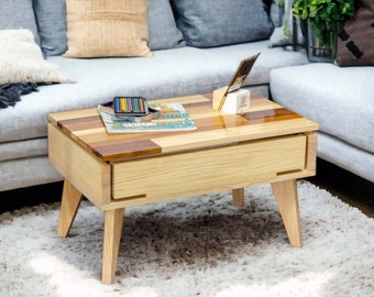 Table basse artisanale en bois avec plateau relevable - Meubles faits main pour la décoration intérieure | 80x50cm