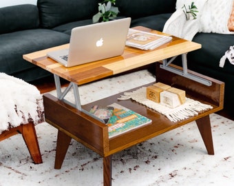 Table basse unique en bois avec plateau relevable - Bois dur fabriqué à la main, design original pour le salon | 80x50cm