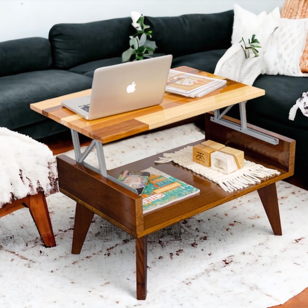 Table basse unique en bois avec plateau relevable - Bois dur fabriqué à la main, design original pour le salon | 80x50cm