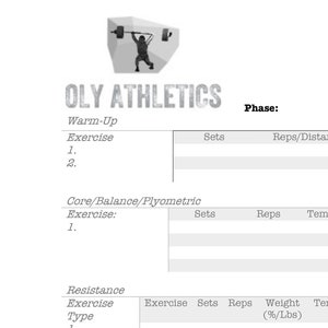 Puede incluir: Un registro de entrenamiento imprimible con secciones para calentamiento, ejercicios de core, entrenamiento de resistencia y enfriamiento. El registro incluye columnas para series, repeticiones, peso, tempo, descanso y consejos de entrenamiento.