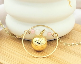 Pregnancy Bola Gold & Rose Quartz Stone | Pregnant Woman Necklace | Gift idea for future mother | Pregnancy Necklace | Pearl Lithotherapy