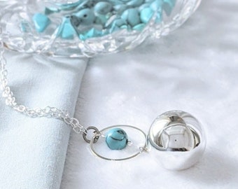 Bola de Grossesse Argent & Pierre Turquoise | Collier Femme Enceinte | Idée cadeau future maman | Collier de Grossesse | Perle Lithothérapie