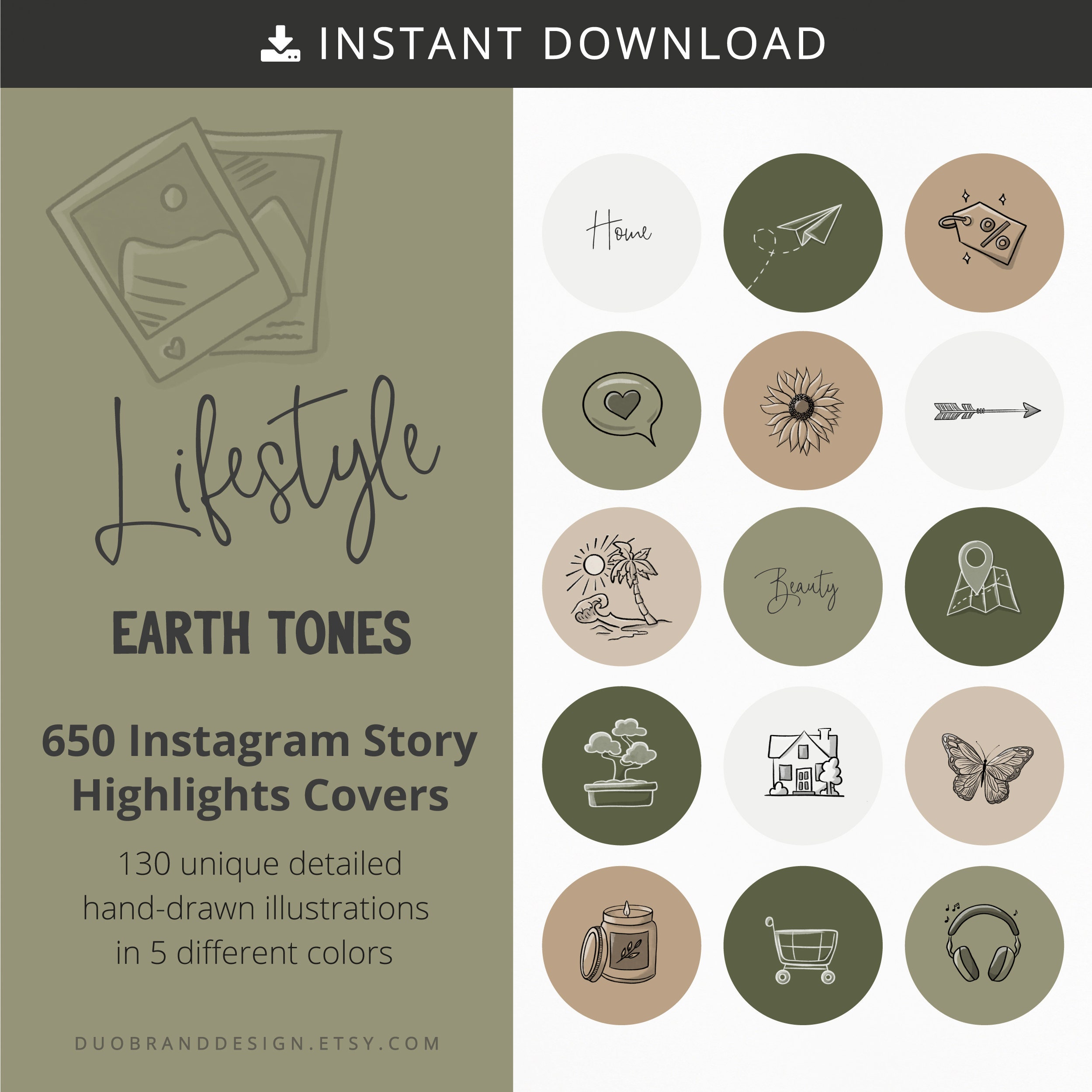 650 Hand-drawn Lifestyle IG Highlight Covers in Earth Tones ...