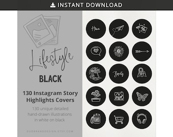 Puede incluir: Un conjunto de 130 portadas de destacados de historias de Instagram, con círculos negros e ilustraciones blancas. La imagen incluye iconos como una casa, una mariposa y auriculares. El texto incluye "Lifestyle BLACK" y "DESCARGA INSTANTÁNEA".