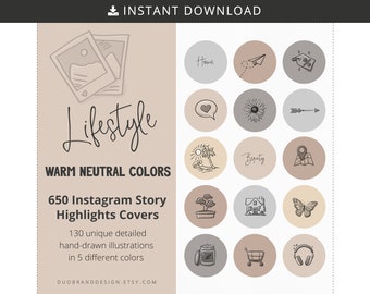 Puede incluir: Un conjunto de 650 cubiertas de resaltado de historias de Instagram en colores neutros cálidos. Las cubiertas presentan 130 ilustraciones únicas dibujadas a mano en cinco colores diferentes. Las ilustraciones incluyen iconos como una casa, un corazón, un girasol, una flecha, una palmera, una mariposa, un carrito de compras y auriculares.