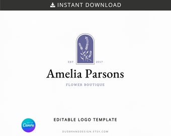 Può includere: Modello di logo modificabile con un arco viola con un contorno bianco e un design di fiore di lavanda stilizzato. Il testo "EST. 2017 Amelia Parsons FLOWER BOUTIQUE" è sotto l'arco.