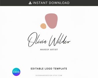 Può includere: Modello di logo modificabile con due forme astratte in rosa e beige con il testo "Olivia Wilder Makeup Artist" in corsivo nero.