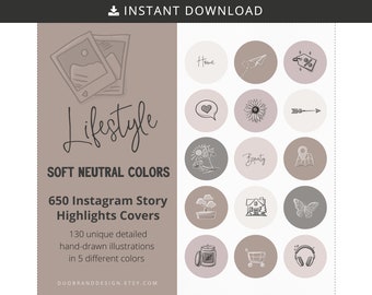 Puede incluir: Un conjunto de 650 cubiertas de resaltado de historias de Instagram en colores neutros suaves. Las cubiertas presentan 130 ilustraciones únicas dibujadas a mano en cinco colores diferentes. Las ilustraciones incluyen iconos para el hogar, la belleza, los viajes, las compras y más.