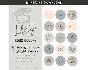 Puede incluir: Un conjunto de 650 cubiertas de resaltado de historias de Instagram en cinco colores diferentes. Las cubiertas presentan ilustraciones dibujadas a mano en estilo boho, incluyendo una cámara, una casa, una mariposa, un carrito de compras y un girasol.