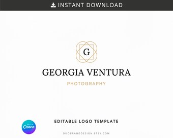 Può includere: Modello di logo modificabile con un design geometrico dorato con la lettera "G" all'interno. Il testo "GEORGIA VENTURA PHOTOGRAPHY" è sotto il logo.