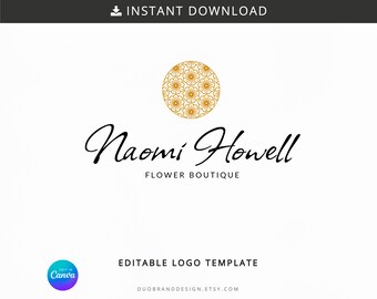 Può includere: Modello di logo modificabile per una fioreria, con un cerchio dorato con un motivo floreale e il testo "Naomi Howell Flower Boutique".