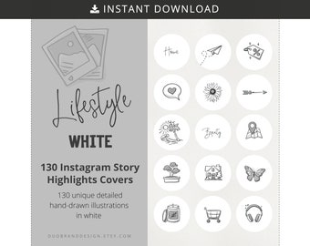 White Hand-Drawn Instagram Highlight Covers, Lifestyle Icons (Digital Download)