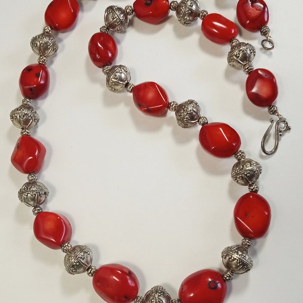 Natural Red Coral Single Strand Necklace & Matching Dangle Earrings. Irregular Oval Chunky Beads with Silver Tone Spacers. 28" Long
