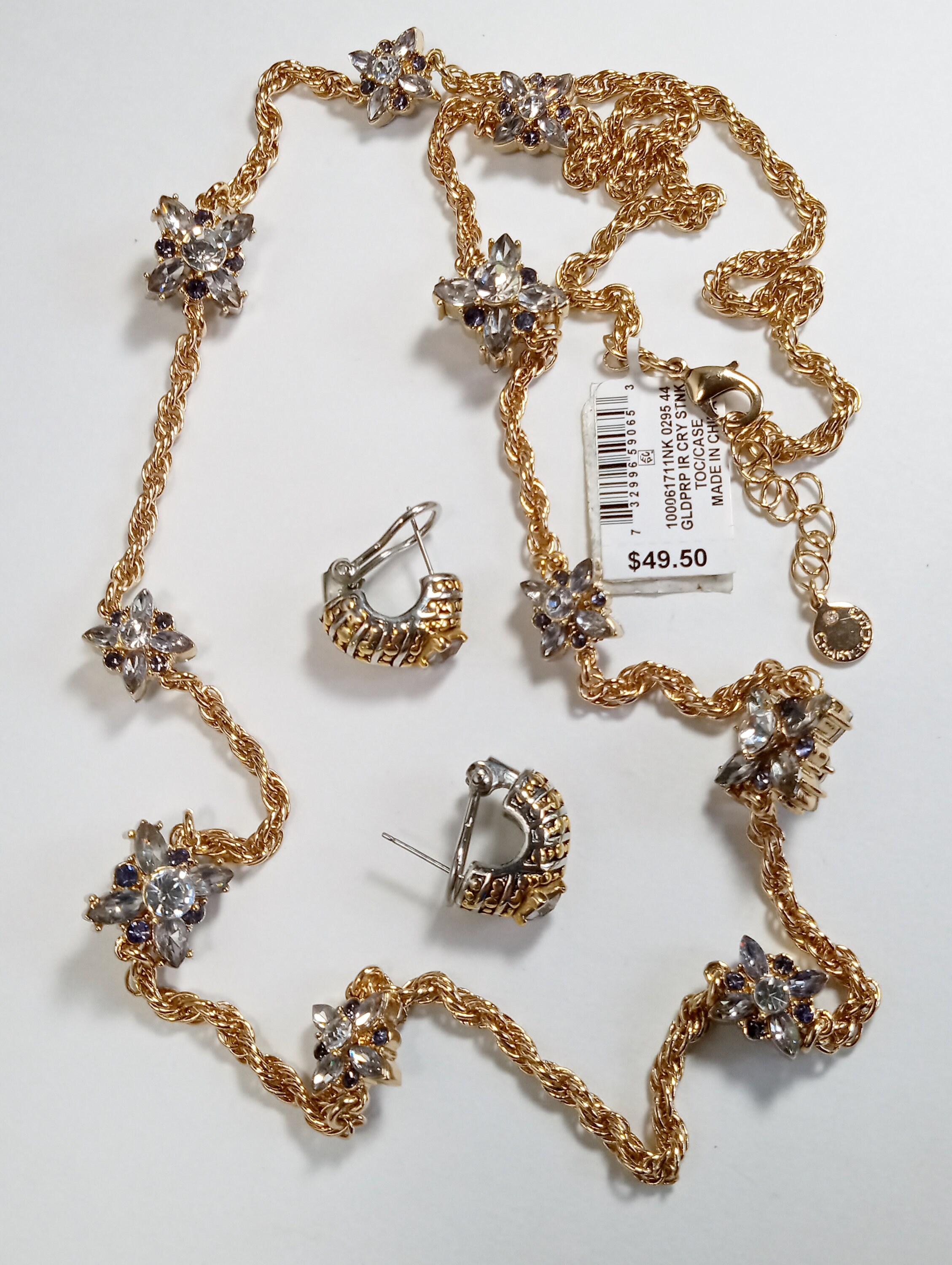 Designer Necklace Rope Chain w/Smokey Floral Petals Signed Charter Club (with Macy's TAG), plus Matching Half Hoop Earrings Signed MX (Max)