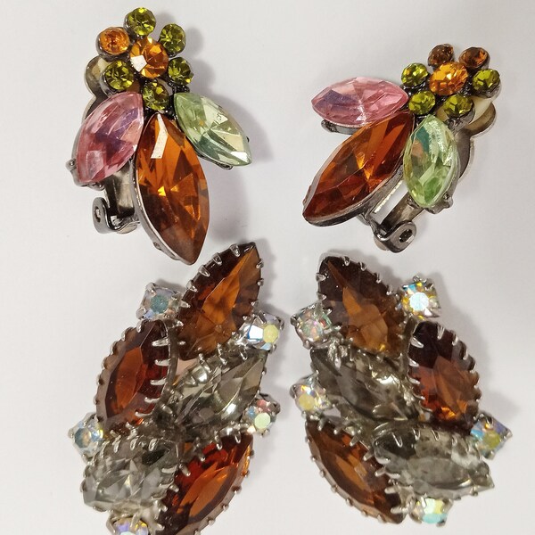 Vintage 1960's Navette Rhinestone Clip On Earrings Open Back, LOT 2 Pairs Very Pretty, Great condition. Fast Free Shipping