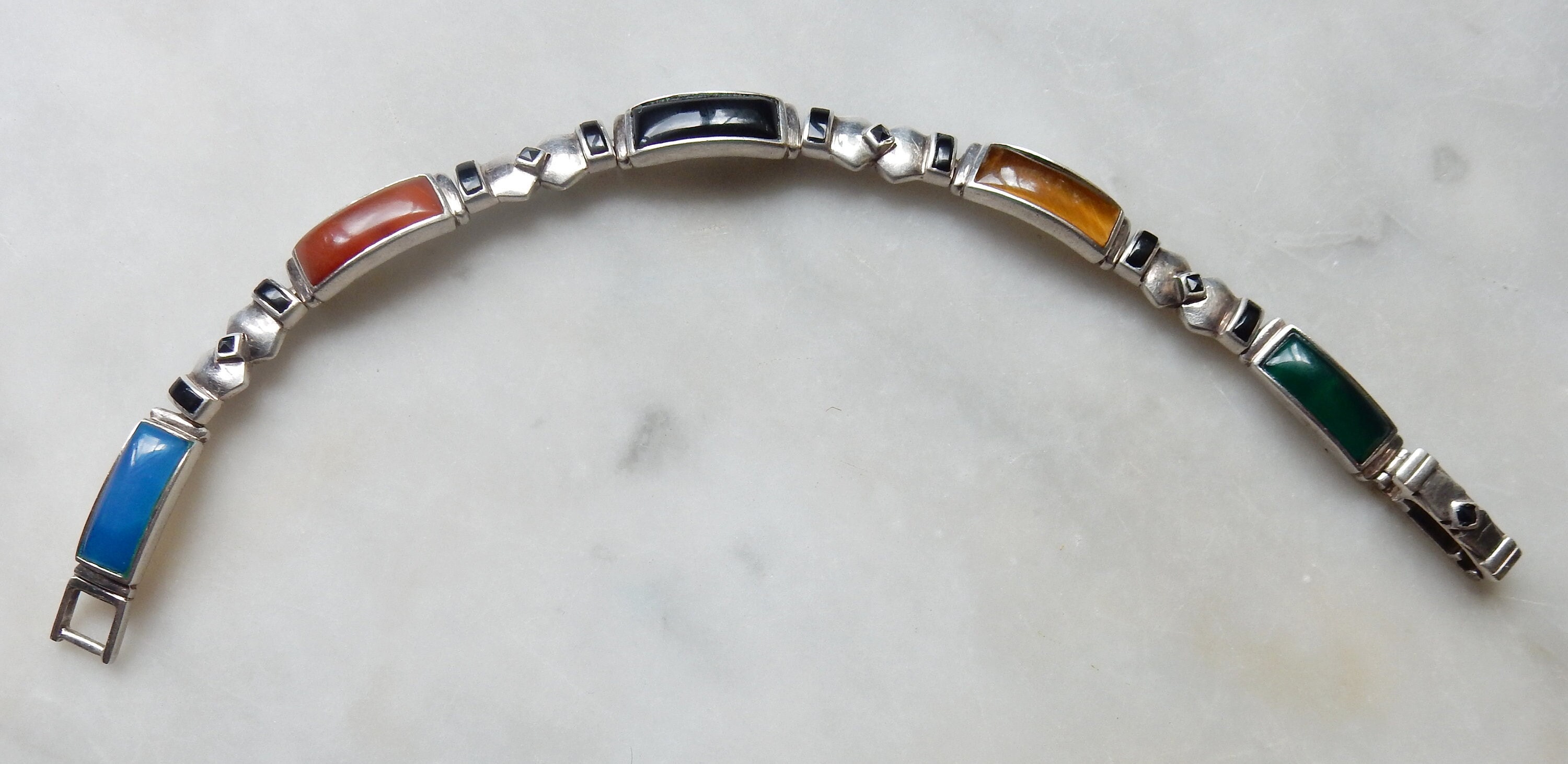 Multi Stone Panel Link Bracelet Sterling Silver 925 Vintage