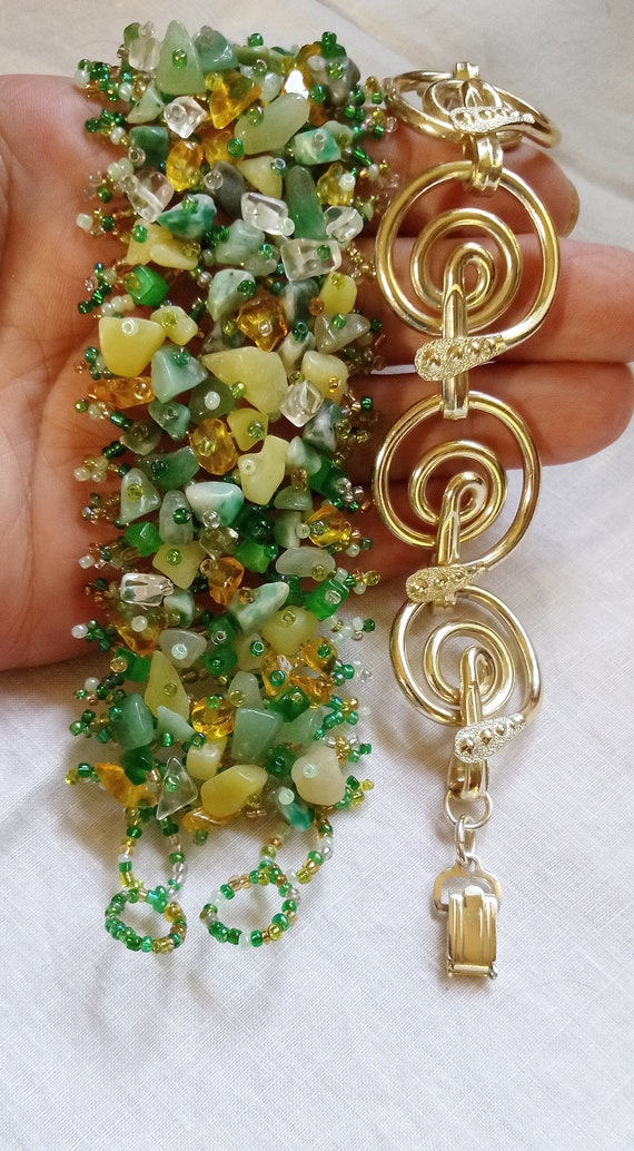 Green Shades Gemstone Rocks wide Stretch Bracelet… - image 3