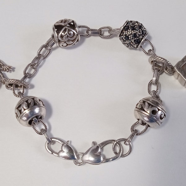 BRIGHTON Charm Bracelet, Sterling Silver Frog, Bird House, Sterling Hearts Closure. Vintage Estate. Great condition. 8" Long. Fast Free Ship