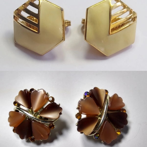 High End Vintage 1970's MONET Signed Creamy Enamel Gold Tone Classy Modernist Earrings Octagon Shape + 1950's CORO Lucite AB Flower Clip On