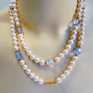 MONET Signed Faux Pearls with Blue Crystal Stations Vintage Necklace 1 strand 35"