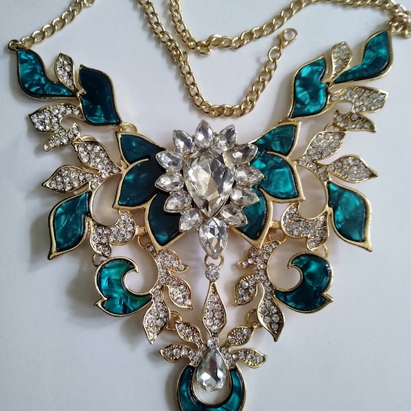 Glamorous Statement Collar Necklace Vintage 1980's Teal Inlay & Clear Rhinestone Leafs, Gold Tone