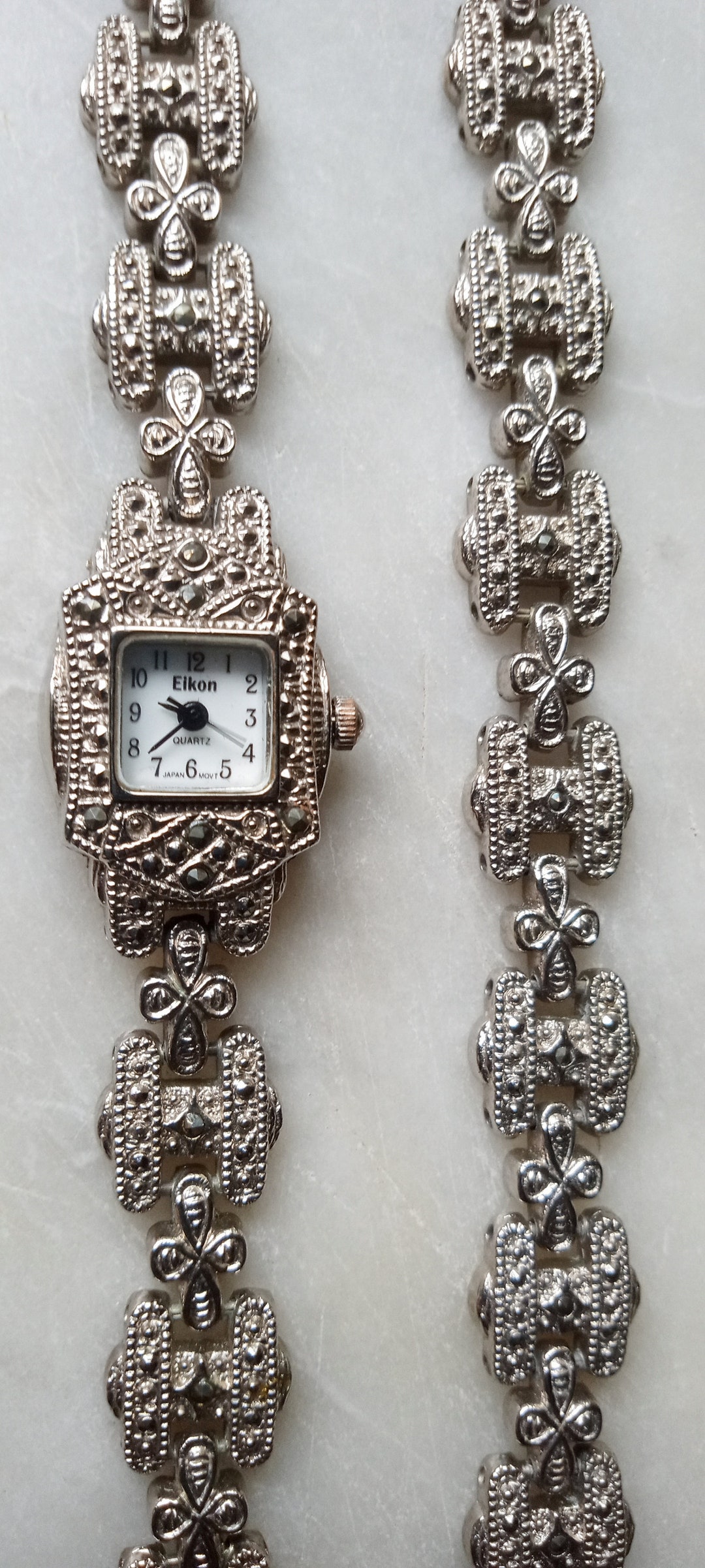 EIKON Ladies Wrist Watch & Bracelet SET Silver Tone Marcasite Etsy