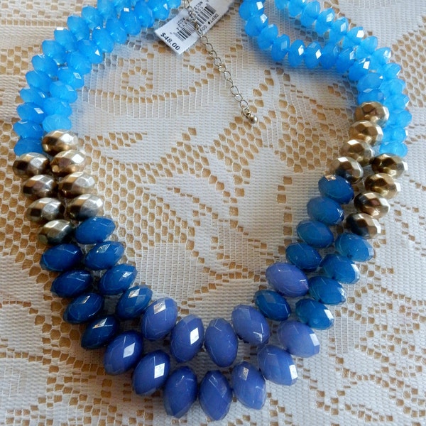 Designer Signed CARA New York Faceted Blue Lucite Moonglow Beads 2-Strand necklace New w/Tags 18-19" Long. See 7 Photos