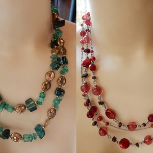 Red and Green Lucite & Glass Beads Vintage Long Necklaces LOT 2. Pretty!