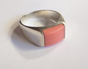 Mexico Sterling Silver 925 Vintage Unisex Signet Ring with Pink Synthetic Stone | Size 10 / 9.6 Grams