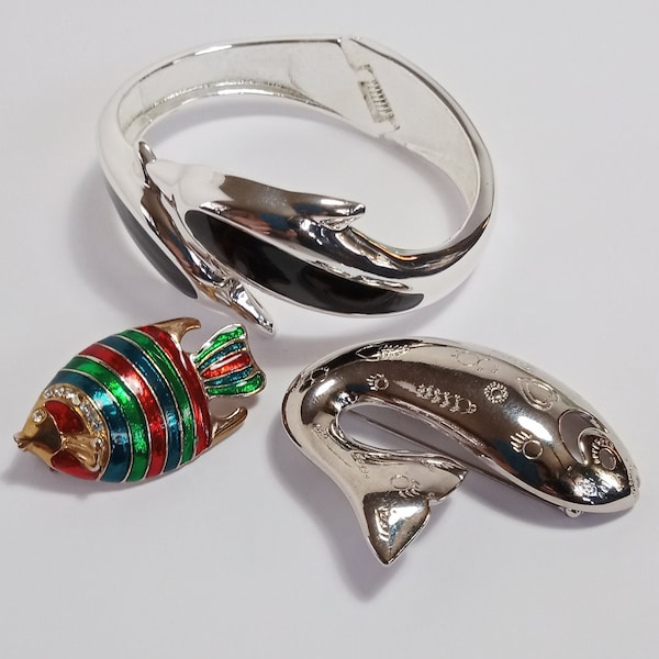 TRIFARI Signed Fish Brooch Etched Silver Tone, Hinged Cuff Dolphins Bracelet & Bonus Colorful Fish Brooch. Nautical Lot Vintage Estate.