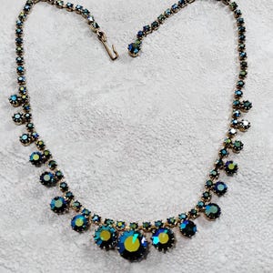 Vintage Blue Aurora Borealis Crystal Necklace, Circa 1950s-1960s. Fast Free Shipping!