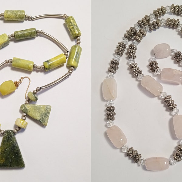 Rose Quartz Necklace & Bracelet - Kaolinite Pendant Necklace W/Lucite Lime Green Earrings. Precious Stones necklaces w/Issues. See Script