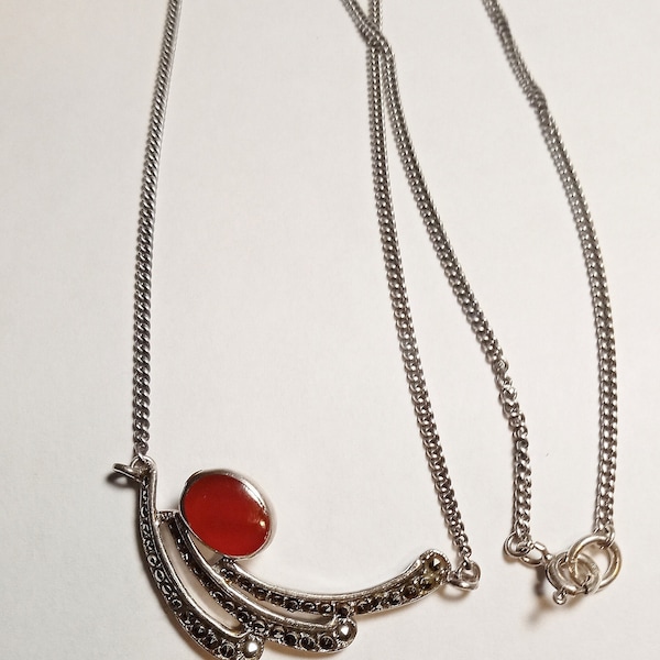 Antique Sterling Silver Carnelian w/Marcasites Dainty old Necklace circa 1920's-30's. Estate Item in good condition. 16.5". Fast Free Ship