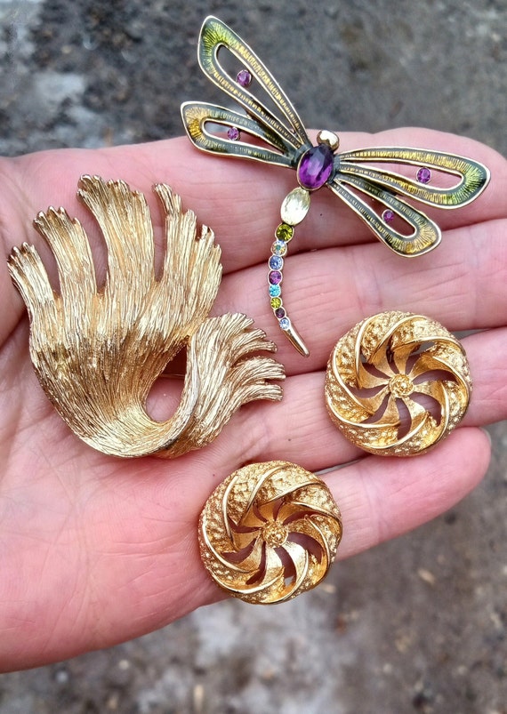 MONET Signed LOT: Enameled Jeweled Dragonfly Brooc