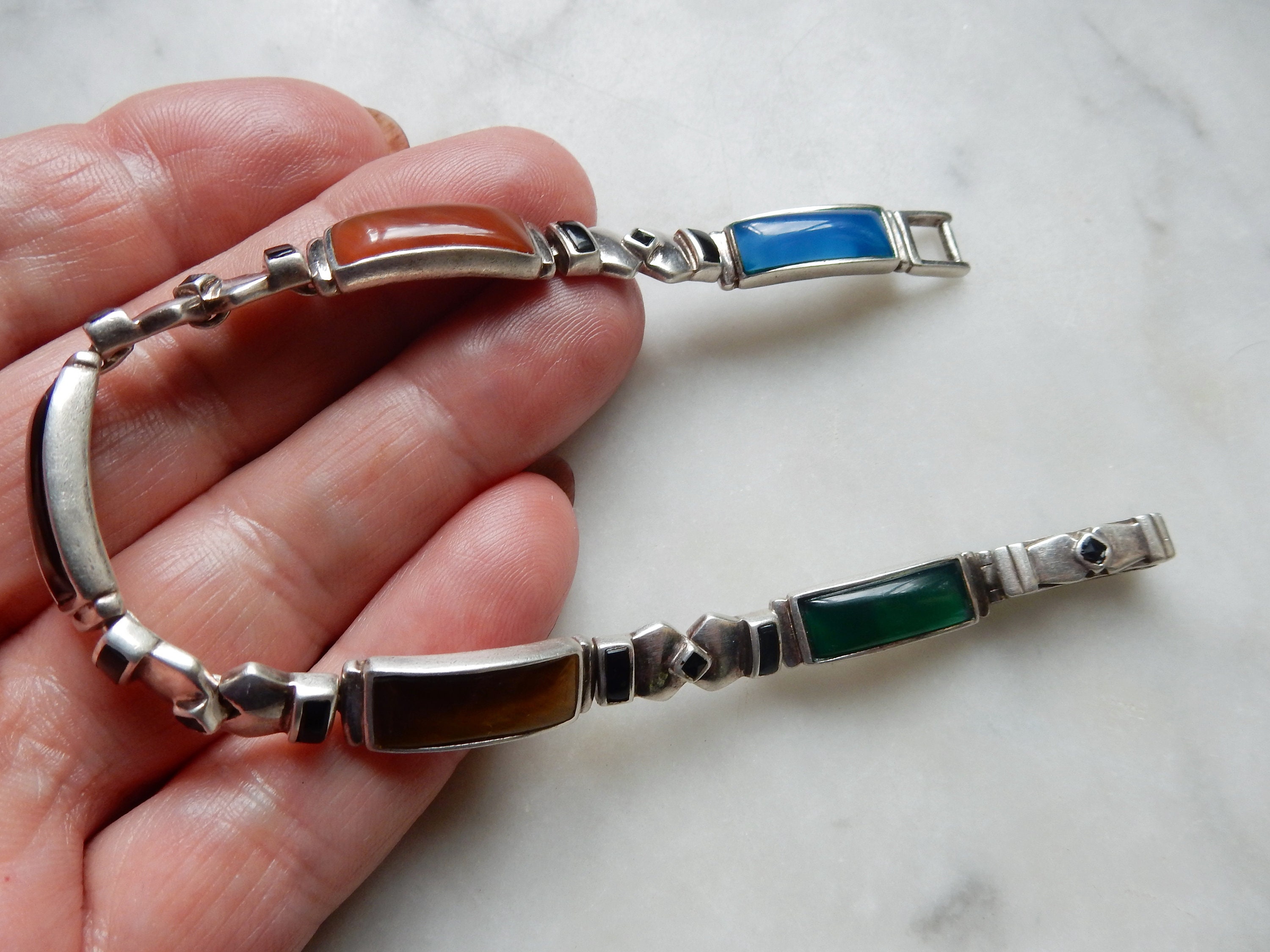 Multi Stone Panel Link Bracelet Sterling Silver 925 Vintage Multi Stone Panel Link Bracelet Sterling Silver 925 Vintage